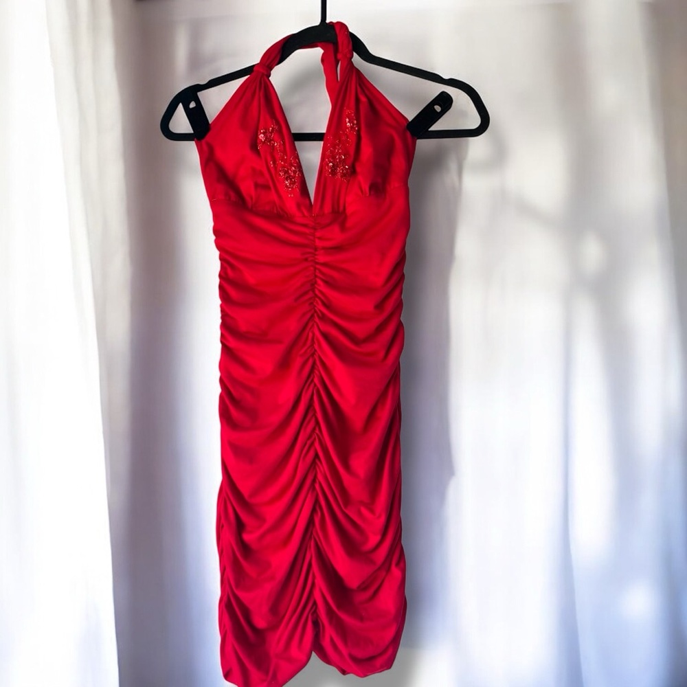 Handmade Red Ruched Halter Dress with Beaded Embroidery and Open Back Argentina